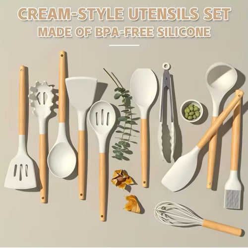 14pcs Silicone Utensil Set with Wooden Handles & Storage Buckets - Non-Stick, Heat-Resistant, Easy-Clean Cooking Tools for Frying, Baking, Grilling